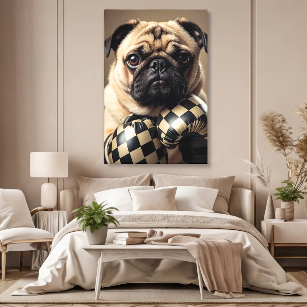 Tablou canvas cu tablou canvas cu pug in manusi de box, fara rama, pe sasiu de lemn, pe perete intr-un dormitor